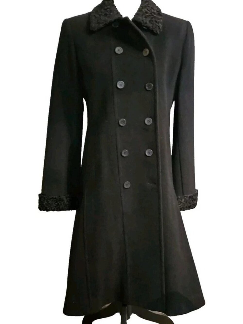 Oscar de la Renta Women Black Wool Coat Size 16 Double Breasted  A-Line Faux Fur